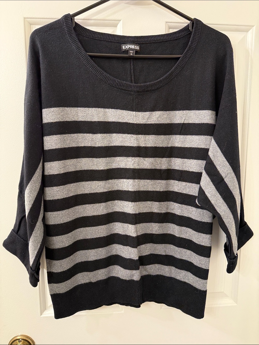 Express Black and Gray Striped Scoop Neck Sweater